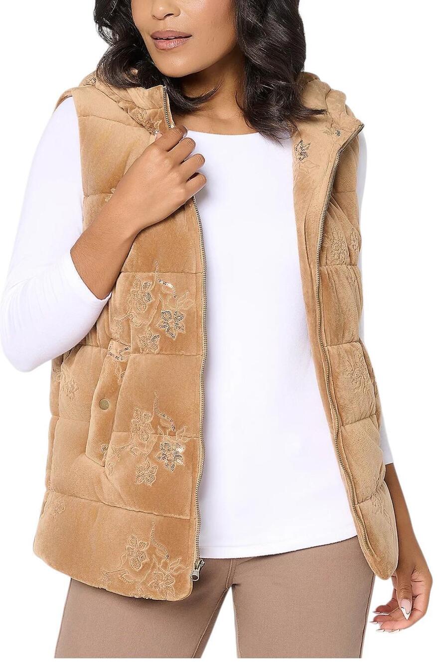 Dennis Basso Women's Velvet Puffer Vest with Sequins Camel - Petite
